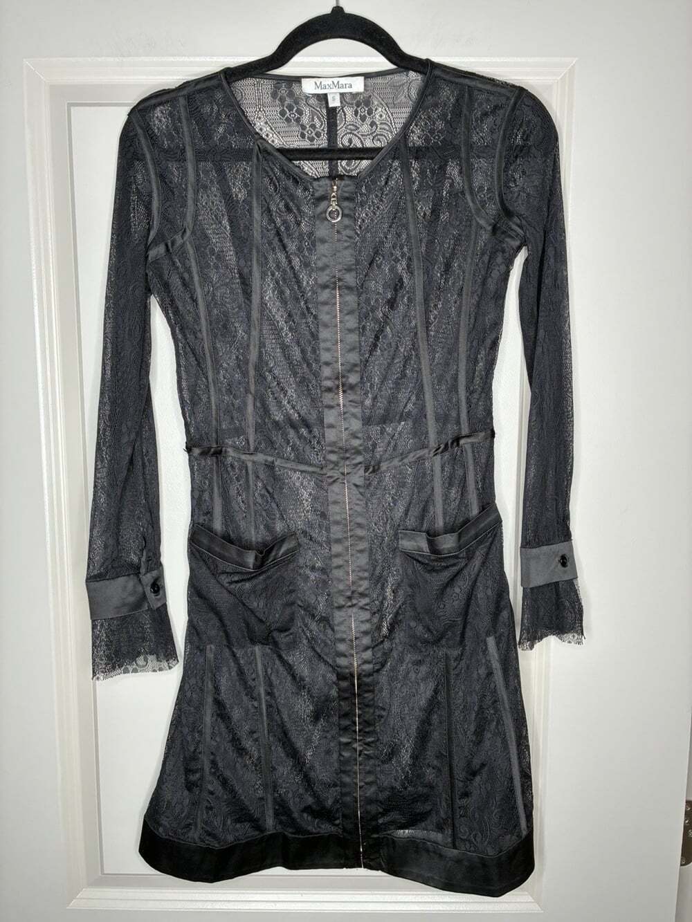 Max Mara Black Sheer Lace Full Zip Long Sleeve Mini Dress Size Small